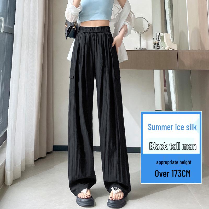 Women's Summer 2025 Ice Silk Nine-Point Pleated Wide Leg Cargo Pants
