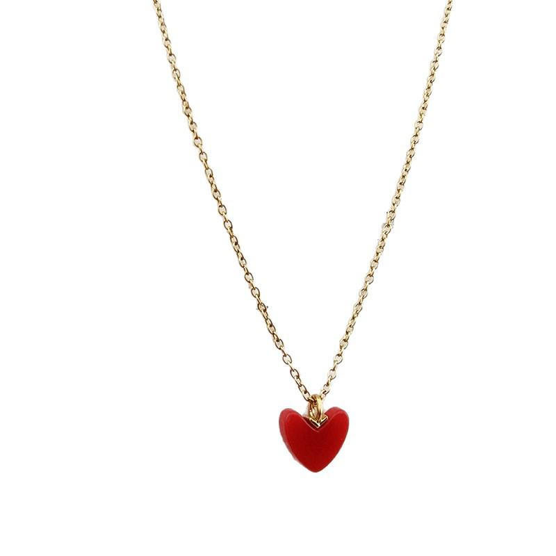 Liu Yifei Red Heart Necklace & Earrings Set, 18k Gold-Plated Heart Pendant with V-Shaped Clavicle Chain.
