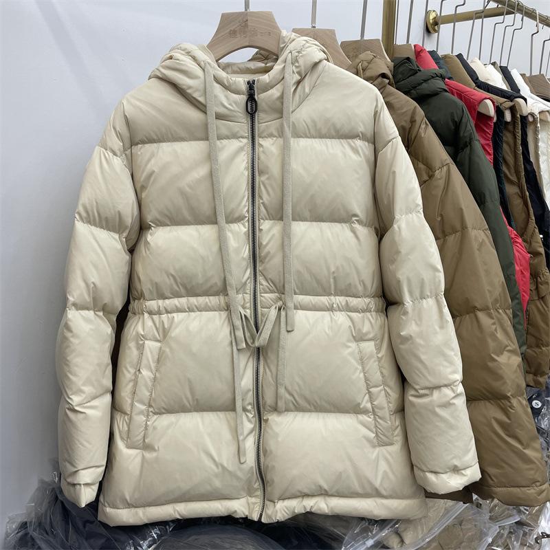 

Женская зимняя осенняя куртка-пуховик с капюшоном из белого утиного пуха, свободное однотонное пальто с большим карманом и регулируемой талией S