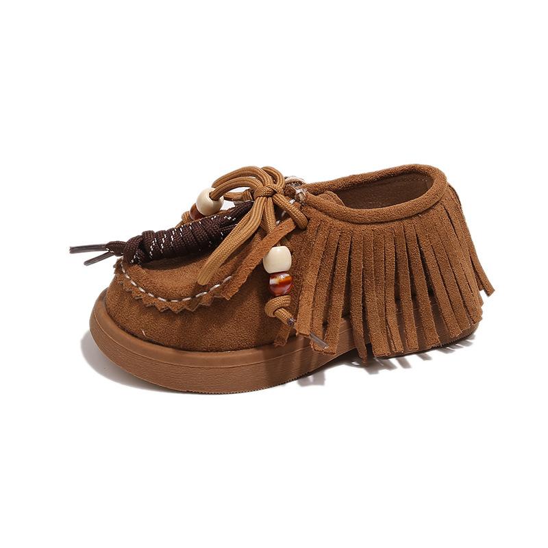 Retro Gir'ls Tassel Suede Leather Shoes Spring Autumn New British Style Soft-soled Knot Beads Shoes Slip on Footwear I09265