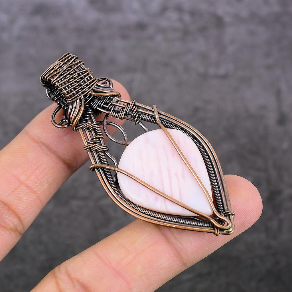 Natural Pink Opal Gemstone Handmade Copper Wire Wrap Jewelry Pendant 2.76" K8S26