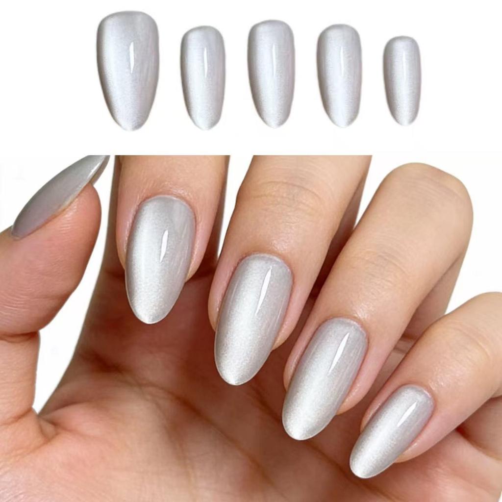 Flashy Almond Cat Eye Wearable Nails Collection - High-End Whitening Manicure for Summer