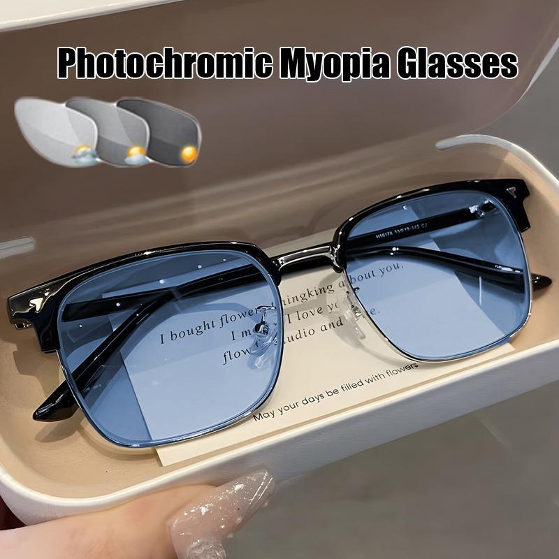 Intelligent Color Changing Minus Eyeglasses with Diopter 0 To -4.0 Vintage Square Half Frame Pochromic Near Sight Glasses