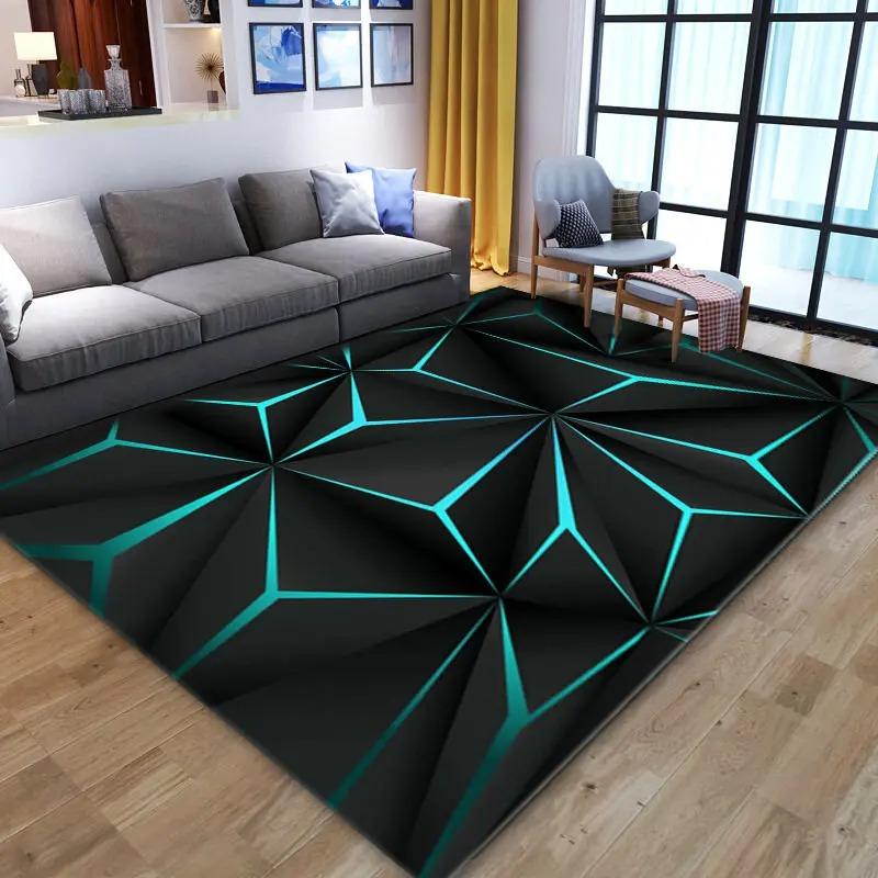 Cyber Geometric Area Rug Non-Slip Carpet for Living Room E-sports Room Black Teal Polygon Home Decor Durable Floor Mat & Rugs