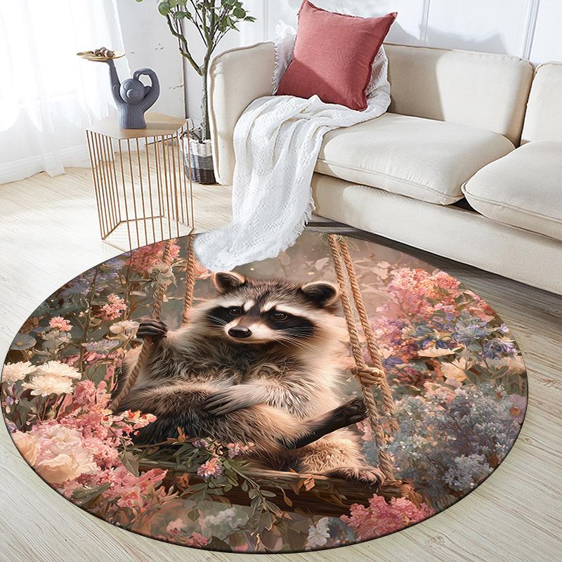Raccoon and Flowers pattern round rug,Carpet Rug for Living Room Bedroom Playroom ,Non-slip Floor Mat,Holiday Gifts and Birthday Gifts.