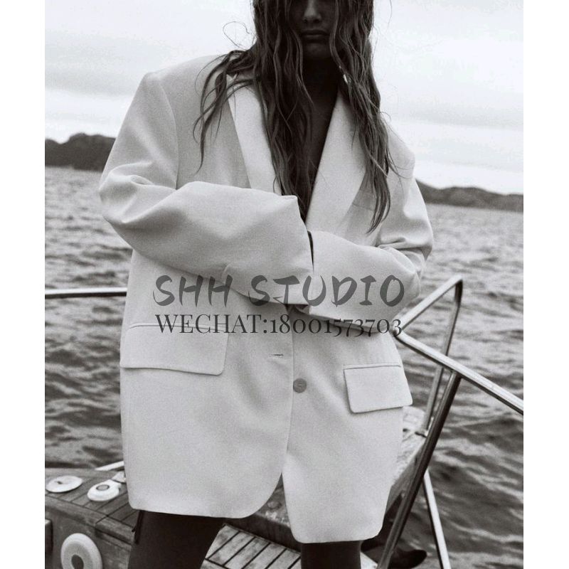 Summer New Fashion Trendy Easiest for Match V Neck Drop Shoulder Long Sleeves with Padded Shoulder Loose Suit Jacket 2010781