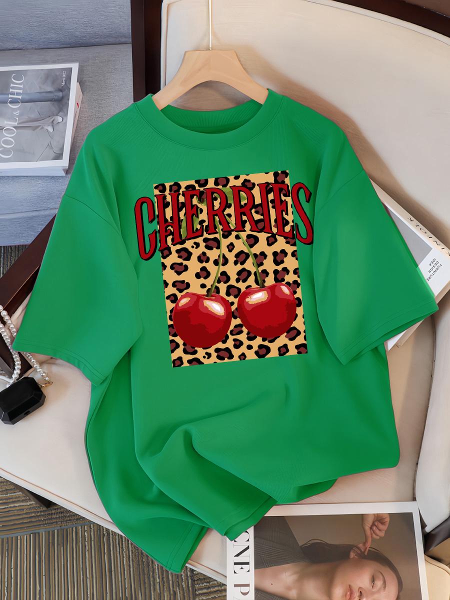 

Леопардовая вишня Креативный дизайн Женские футболки Хлопковая повседневная футболка Летняя футболка с круглым вырезом Уличная одежда Мягкая оверсайз с коротким рукавом 4XL
