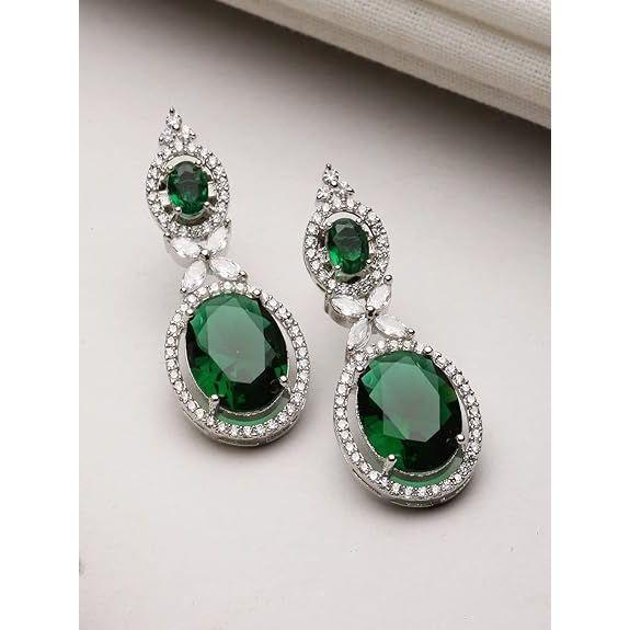 Silver-Plated American Diamond studded Oval Shaped Drop Earrings Jewellery For Girls and Women