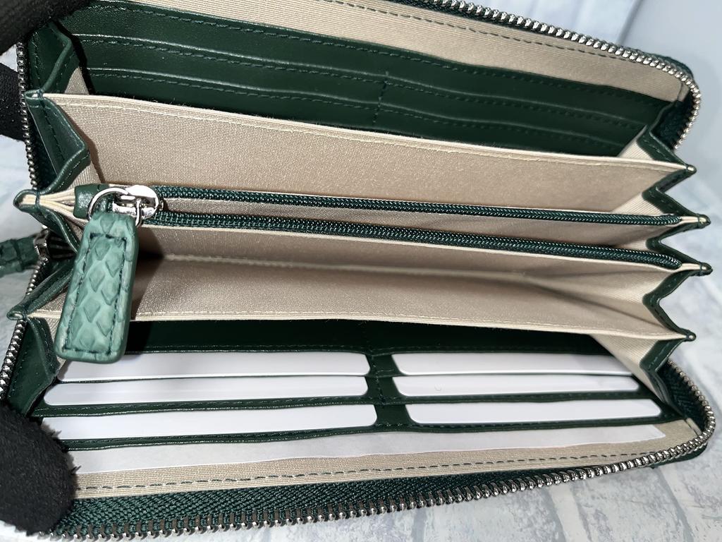 GUODI Genuine Python Leather Matte Finish Long Wallet with Zip-Around Design and Card Case, TK-AB20LW3 (Cyprus Green), Unisex Snakeskin WalletPurse