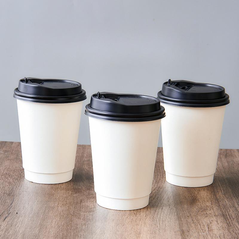 25pcs Disposable Double-layer Coffee Cup Thickened Heat-insulating Kraft Paper Cup Hollow Heat-resistant Beverage Cups Sealed Leak Proof Lid