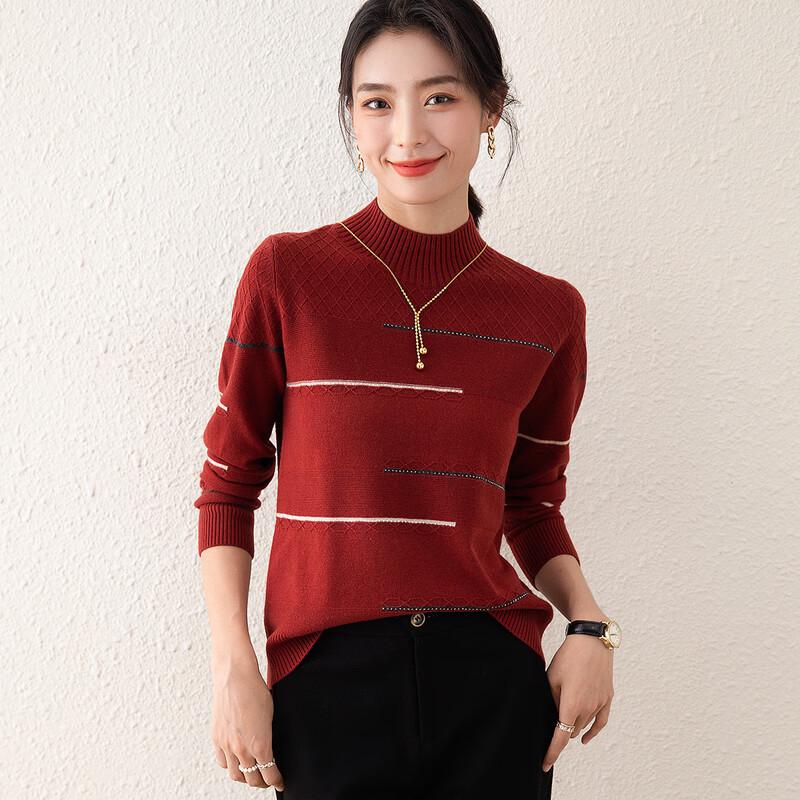 TUHUANG Women's Pure Wool Semi-High Collar Contrast Sweater