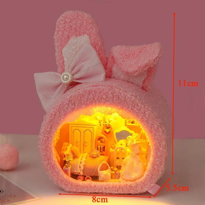 DIY Miniature House Kit, DIY Furry Bear Dolls House Kit, Mini Wooden House Building Kit with LED Light, Halloween/Christmas/Birthday Gifts