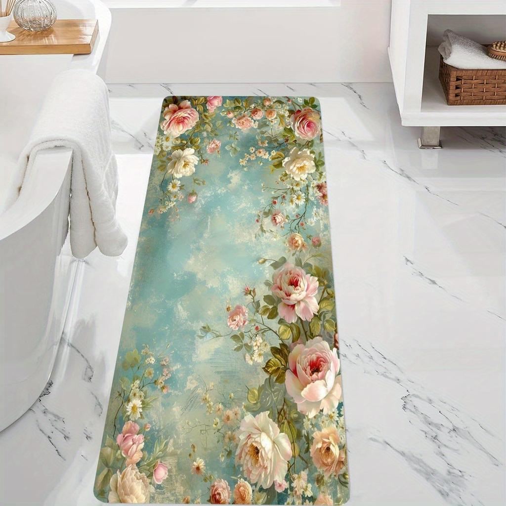 Green Background Pink Flower Printed Non-Slip Floor Mat Absorbent Decorative Rug for Bathroom Shower Doorway Home Decor