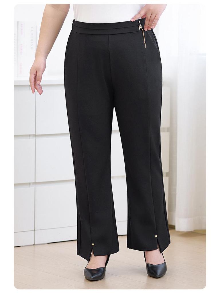 Plus Size Women's High Waist Micro Flare Pants with Metal Accents - Elegant Winter Wear for Middle-Aged and Elderly