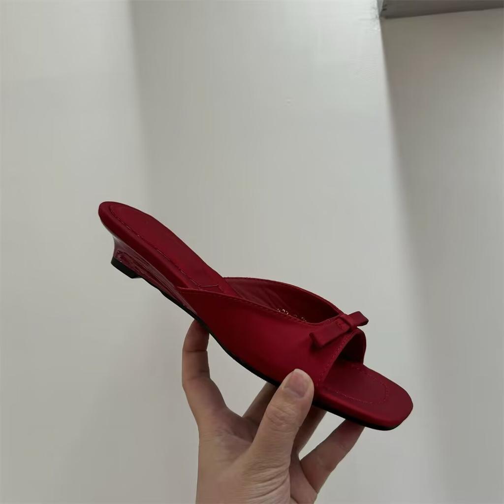 Fashion Silver Satin Flat Slides | Square - Toe Bow - Decorated Casual Daily Shoes