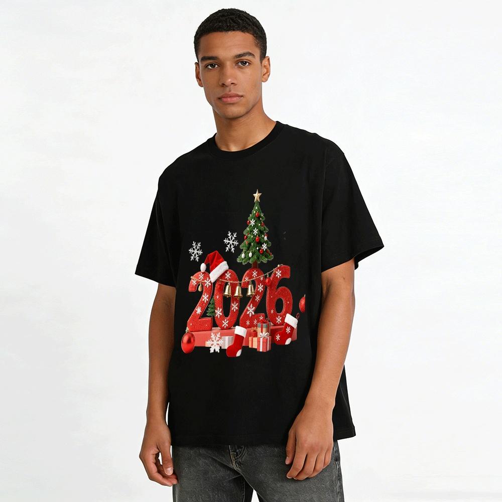 2026 Christmas New Year Graphic Print Casual Long Sleeve Top Pure cotton T-shirt