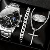 Men'S Business Watch Fake Three-Eye Calendar Roman Scale Quartz Watch Cross Necklace Bracelet Ring Set
