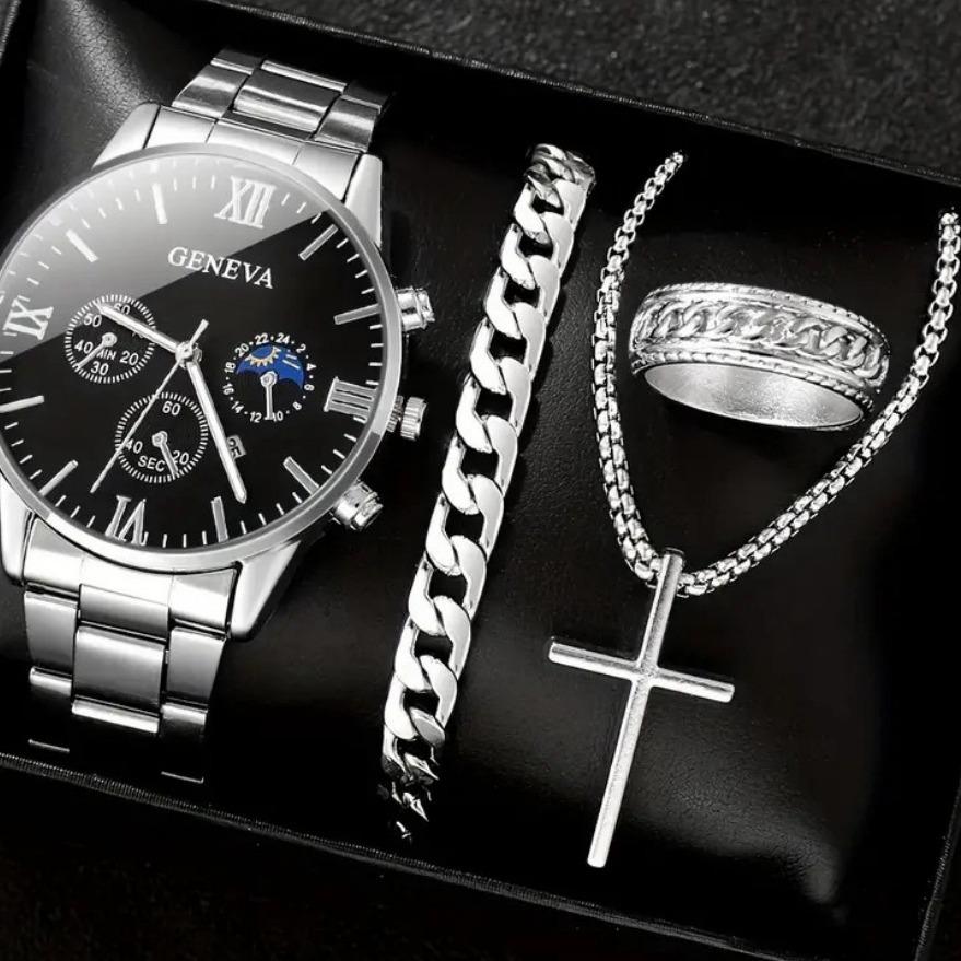 Men'S Business Watch Fake Three-Eye Calendar Roman Scale Quartz Watch Cross Necklace Bracelet Ring Set