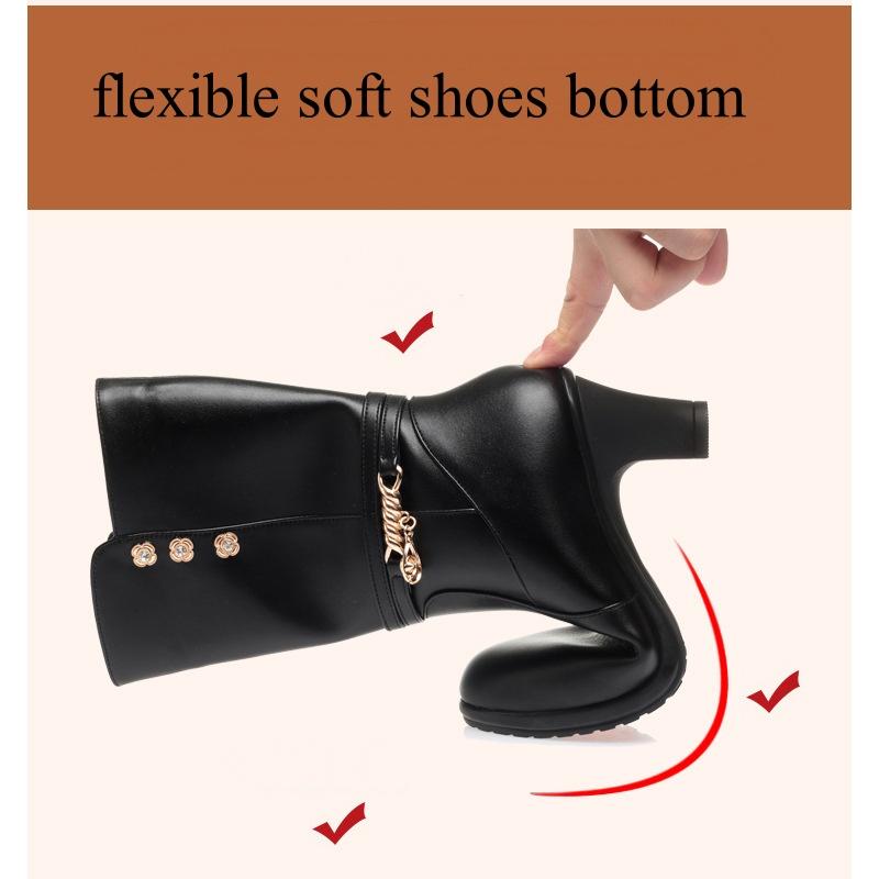 6cm Fashion Comfortable Mid Calf Soft Leather Boots Women Shoes Winter 2025 Med Block Heels Boots Warm Fur Plush Botas for Mom