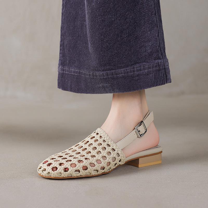 French Woven Cut-Out Chunky Low Heel Closed-Toe Sandals for Women - Summer Versatile Single Strap Round Toe Backless Shoes