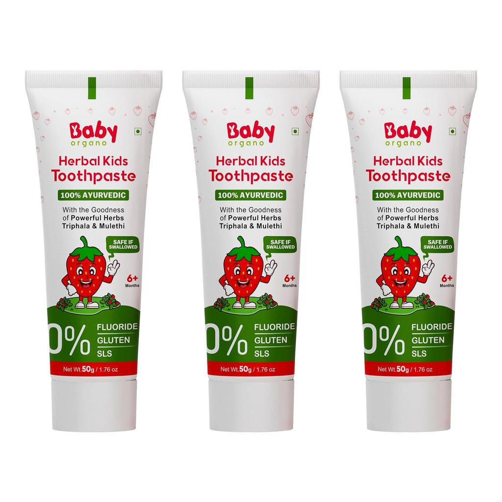 BabyOrgano Ayurvedic Baby Toothpaste Natural Strawberry Flavour Kids Dental Care Protects Gums Cavity Defense 50g Pack of 3