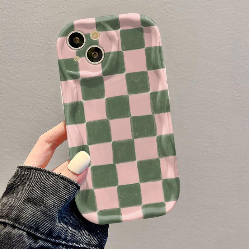 Fashion Pink Green Grid Printed Wavy Phone Case For iPhone 11 12 13 14 15 16 17 Pro Max XS Max XR X 16E 17Air Soft Back Cover