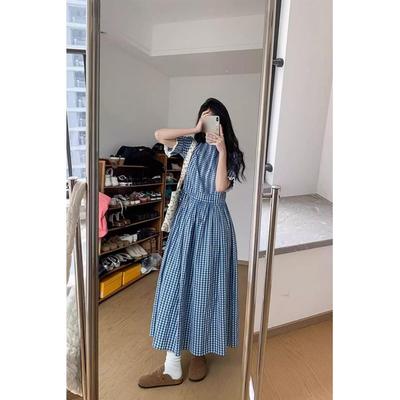 Korean Version Waist Blue Medium and Long Short-sleeved Dress Women's Vacation Retro Temperament Plaid a Character Temperament Long Skirt