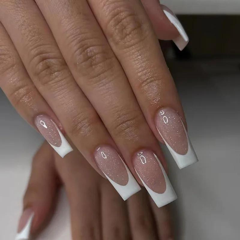 24Pcs French Long Ballet Square Fake Nails Removable Full Cover Press On Nails Acrylic False Nail Tips