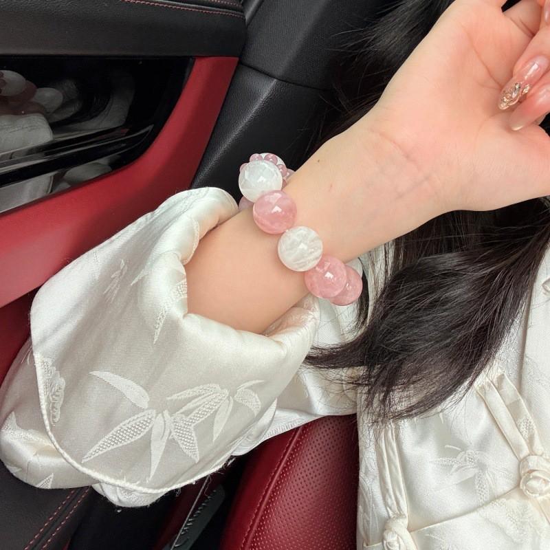 Natural Pink Quartz Bracelet With Snow Phantom Inclusions Handmade Beaded Jewelry Women Sweet Style