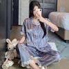French High-End Lace Summer Ice Silk Pajamas Women'S Fashion Striped Short-Sleeved Trousers Loungewear