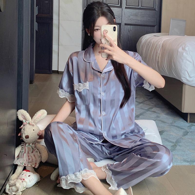 French High-End Lace Summer Ice Silk Pajamas Women'S Fashion Striped Short-Sleeved Trousers Loungewear