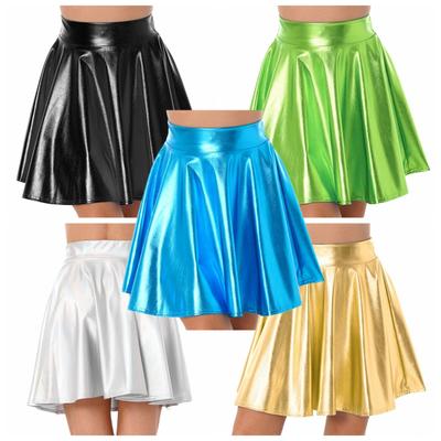 Womens Shiny Metallic Flared Mini Skirt High Waist Clubwear Rave Party Dance Costume