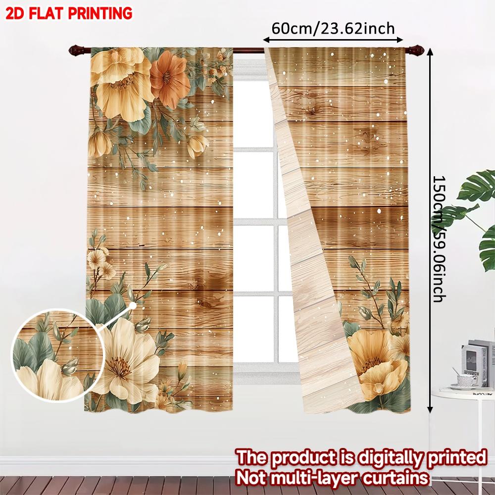 2pcs Warm Floral Woodgrain Curtains 2D Flat Digital Printing   Yellow Orange Blossoms with Green Leaves for Cozy Bedroom Decor