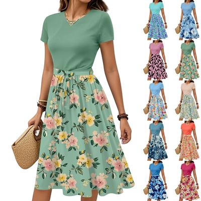 Women's Casual Fashion Belted Floral Print Short Sleeve Round Neck Elegant Dress