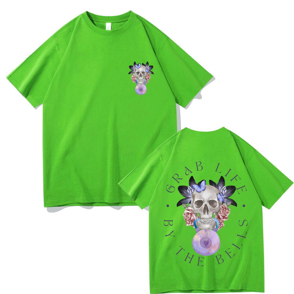 Grab Life By The Bells Gym Pump Cover T-shirt Men's Funny Kettlebell Skeleton Short Sleeve Male Fashion Casual Oversized Tees