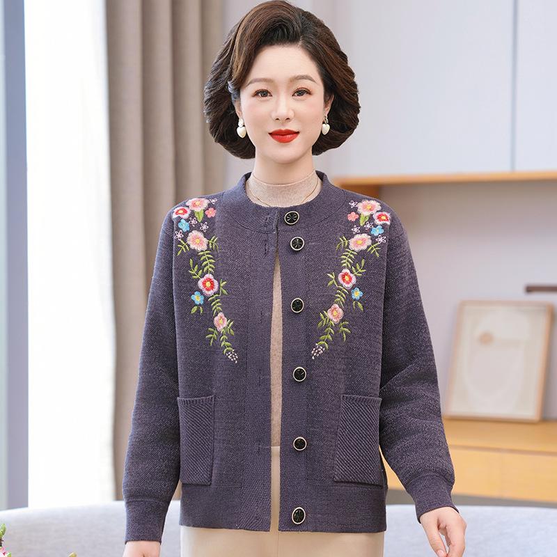 Autumn and Winter Knitwear: Fleece-Lined Cardigan for Middle-Aged and Elderly Women, Featuring Grandma Sweater and Mom's Outfit Styles.