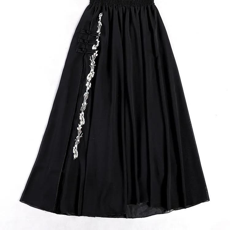 

Весенне-летняя женская юбка с вышитым цветком, шифоновая универсальная юбка, тонкая плиссированная юбка трапециевидной формы средней длины, весенне-летняя женская юбка 2XL чёрный