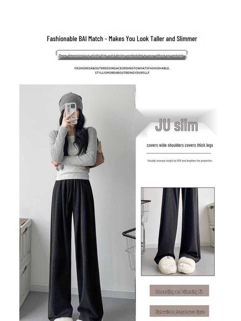 Women's Solid Color Wide-Leg Pants - Autumn/Winter 2024, Mid-Waist, Loose Straight-Leg, Floor-Length