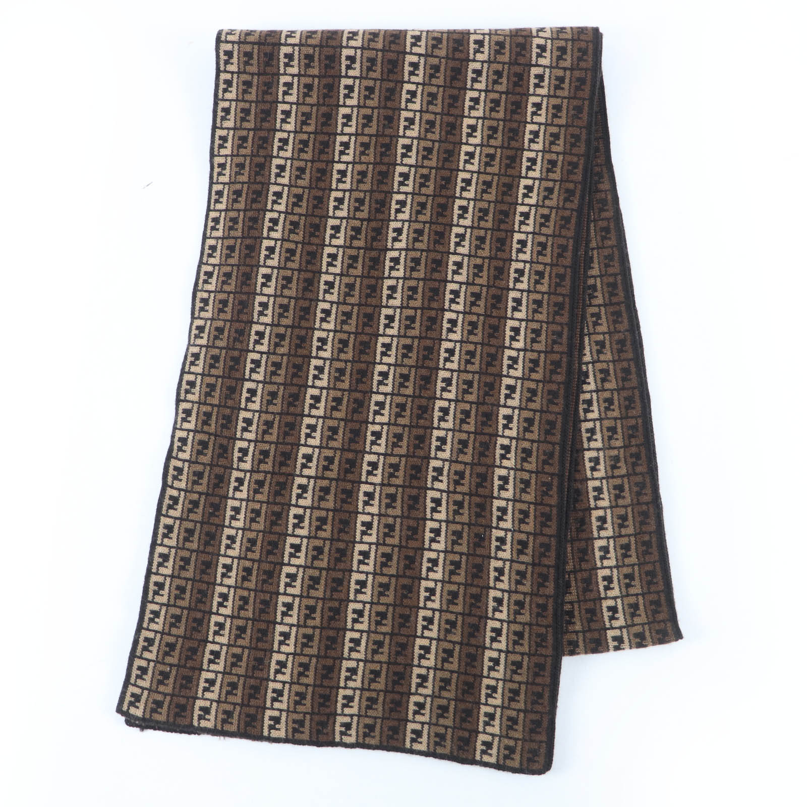 Great FENDI Scarf FF Logo Micro Zucca Pattern Knit Brown wool Women Used