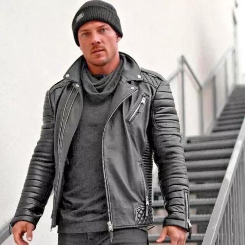 Echtes Weiches Lammleder Handgefertigt Stilvolle Schwarze Herren Motorrad Biker Jacke