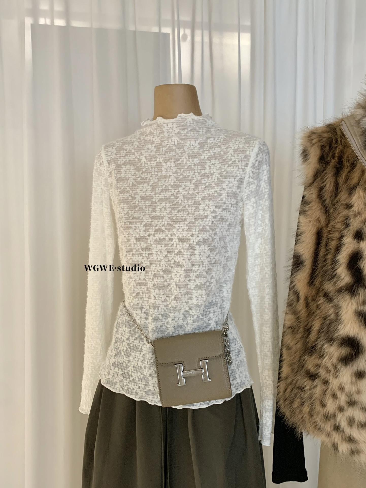 Autumn Winter Women s Slim-Fit Lace Half-High Collar Shirt Small бежевый