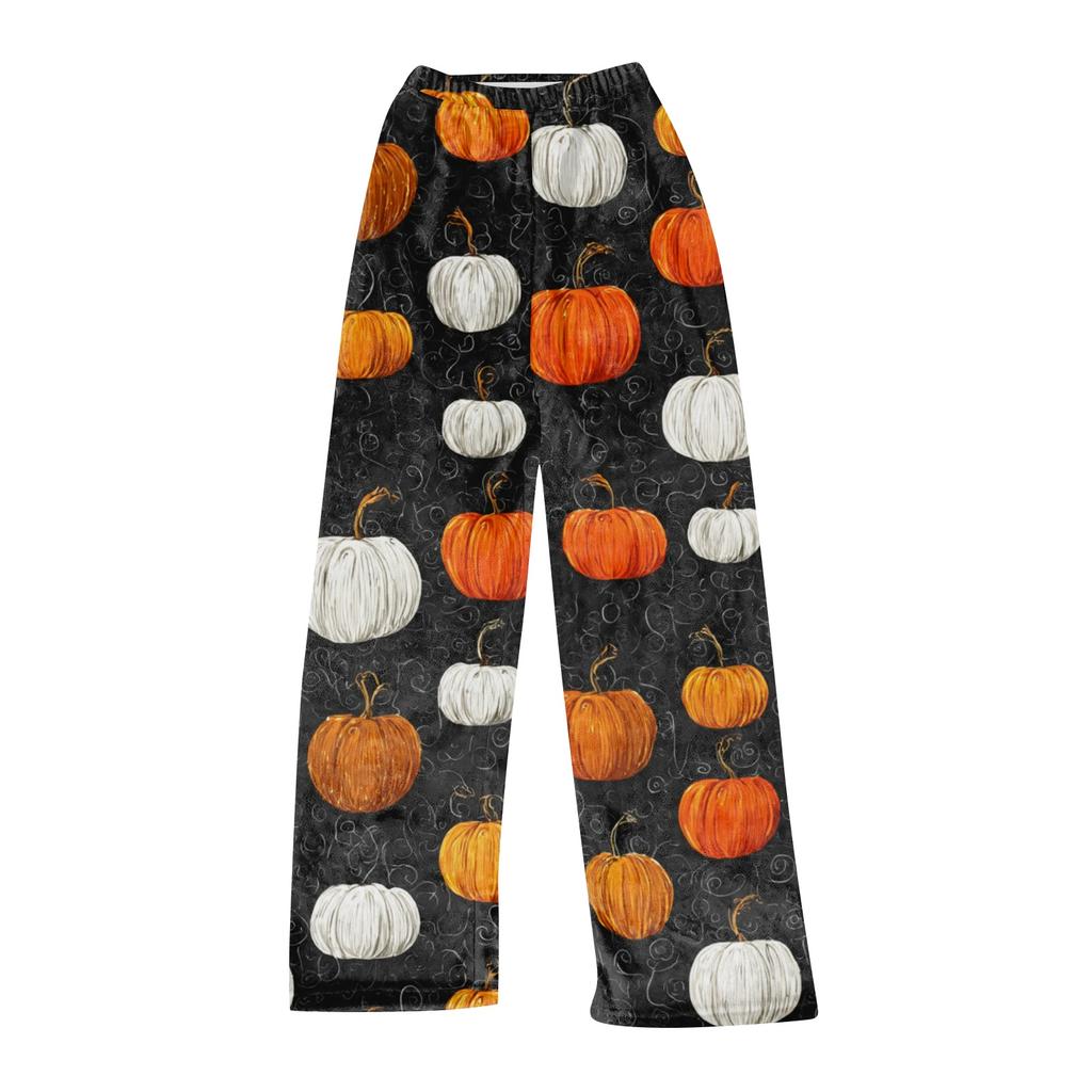 Women Halloween Print Plush Lounge Pants Soft Elastic Waistband Relaxed Fit Long Casual Trousers for Indoor Outdoor Wear