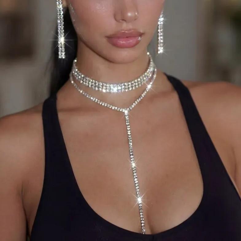 European And American Fashion Full Diamond Super Flash Fringed Necklace Women'S Light Luxury Niche Design Breast Chain Collarbone Chain Neck Chain