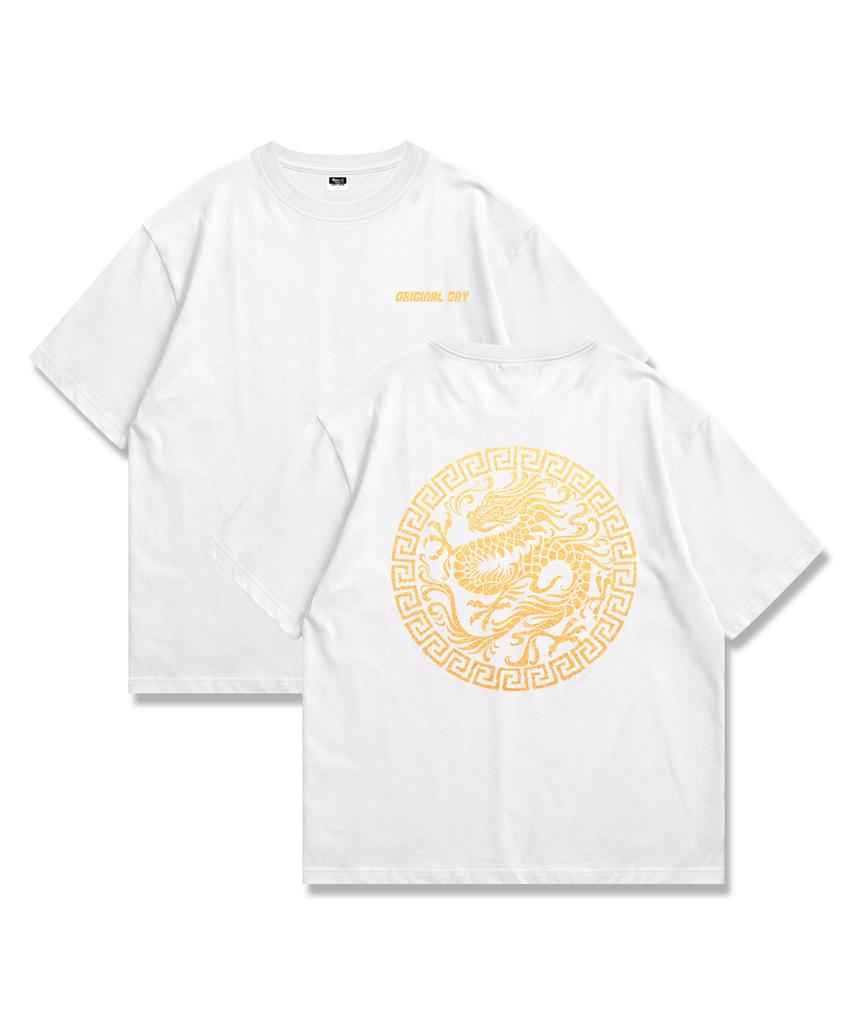 ORIGINALDAY Dragon Robe Oversized Short Sleeve T-Shirt Gold Foil Dragon Robe Graphic Unisex White