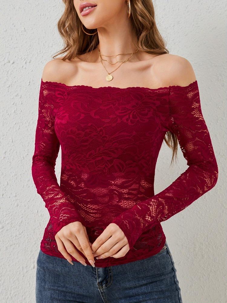 Elegant Scalloped Collar Edge One-Layer Collar Strapless Lace Slim Slim T-Shirt Long Sleeve Tops Versatile Closet Essential Fashion Items Shirt