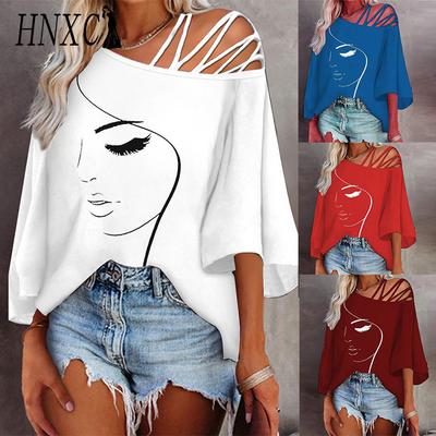 HNXC Frühling Sommer Mode Patchwork Locker Schräghals Casual Top Bedrucktes T-Shirt