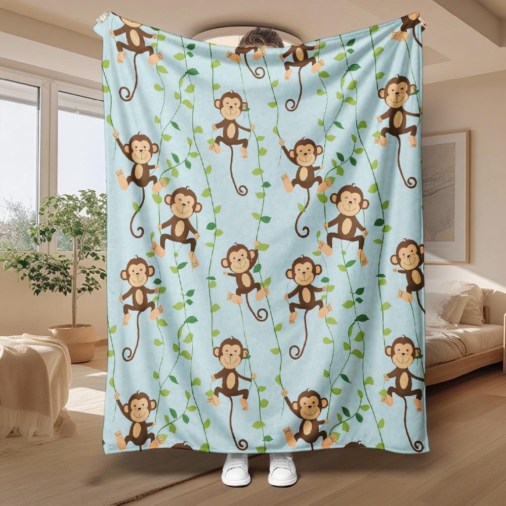 Cute Monkey Vine Pattern Soft Fleece Blanket, Lively Cartoon Design, Ideal for Home Decor & Gifts, Warm Multi-Purpose Cozy Throw