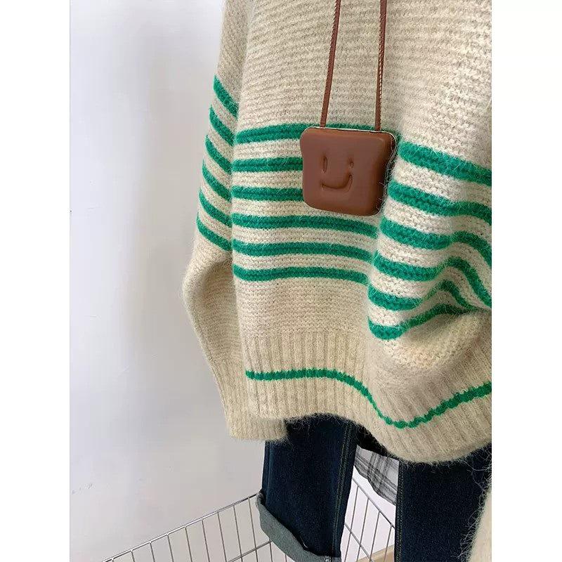 Women's Retro Stripe Knit Sweater - Versatile Loose-Fit Autumn Layer