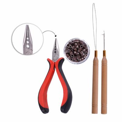 Kit de pinces pour extensions de cheveux : 100 micro-maillons/perles, 1 aiguille de traction et 1 pince à 3 trous.