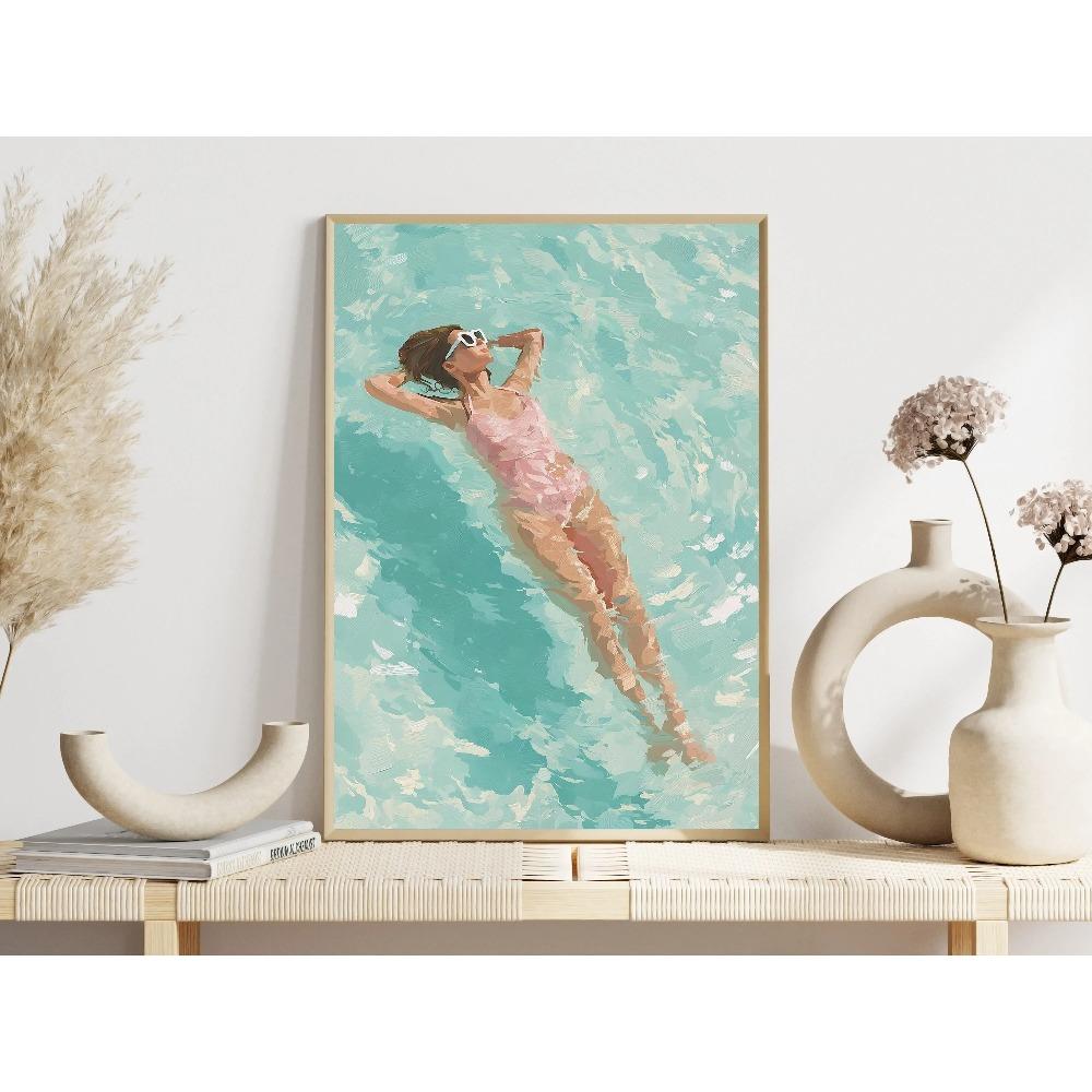 Dreamy Pastel Summer Beach Posters Woman Swimming Umbrella Sea Turtle Prints Canvas Painting Wall Picture Home Living Room Decor